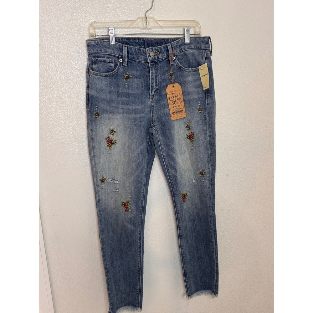 NWT Lucky Brand Ava Crop Floral Embroidered Mid Rise Skinny Jeans - 6/28